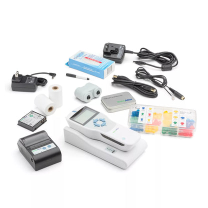 MicroTymp 4 Portable Tympanometer, thermal printer, charging cradle, and other accessories