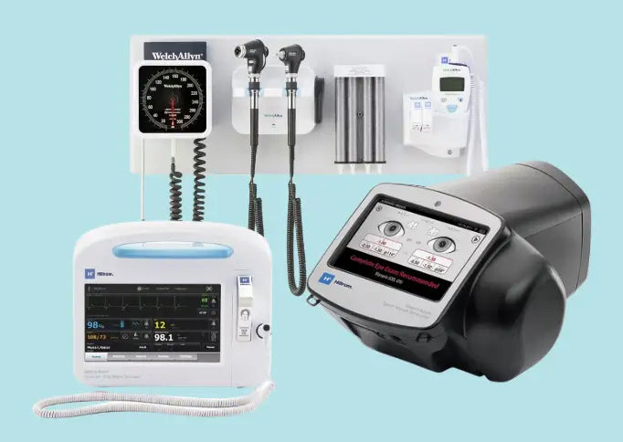 Collection of medical devices on a light blue background