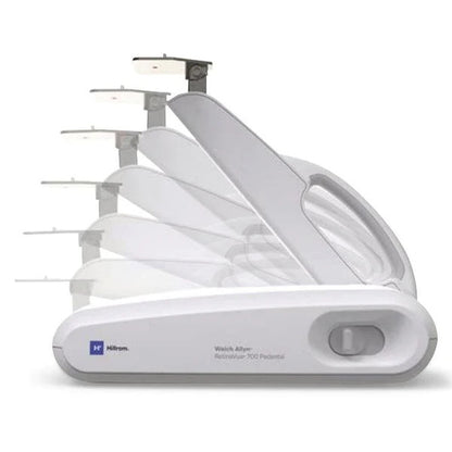White medical device with multiple components on a white background